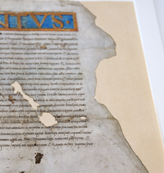 Close-up of a fragile, damaged historical parchment before restoration, featuring tears, gaps, and faded ink areas.