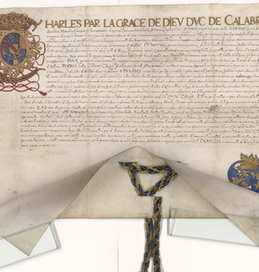 Historische Pergamenturkunde mit Wappen, Siegelschnur und Hängesiegel nach der konservatorischen Bearbeitung