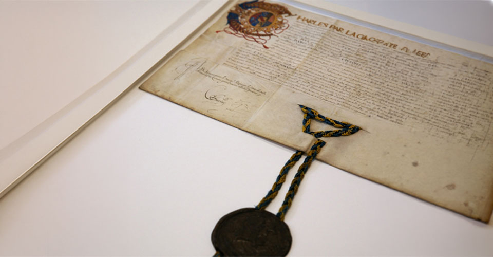Close-up of a historic pendant seal secured with intricately braided blue and gold silk cords.