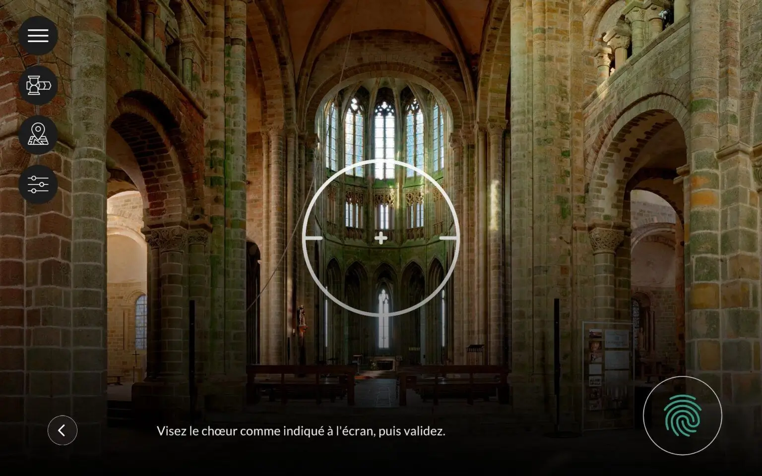 Mobile app interface displaying an augmented reality view of historical rooms and 3D characters inside the Mont-Saint-Michel Abbey.