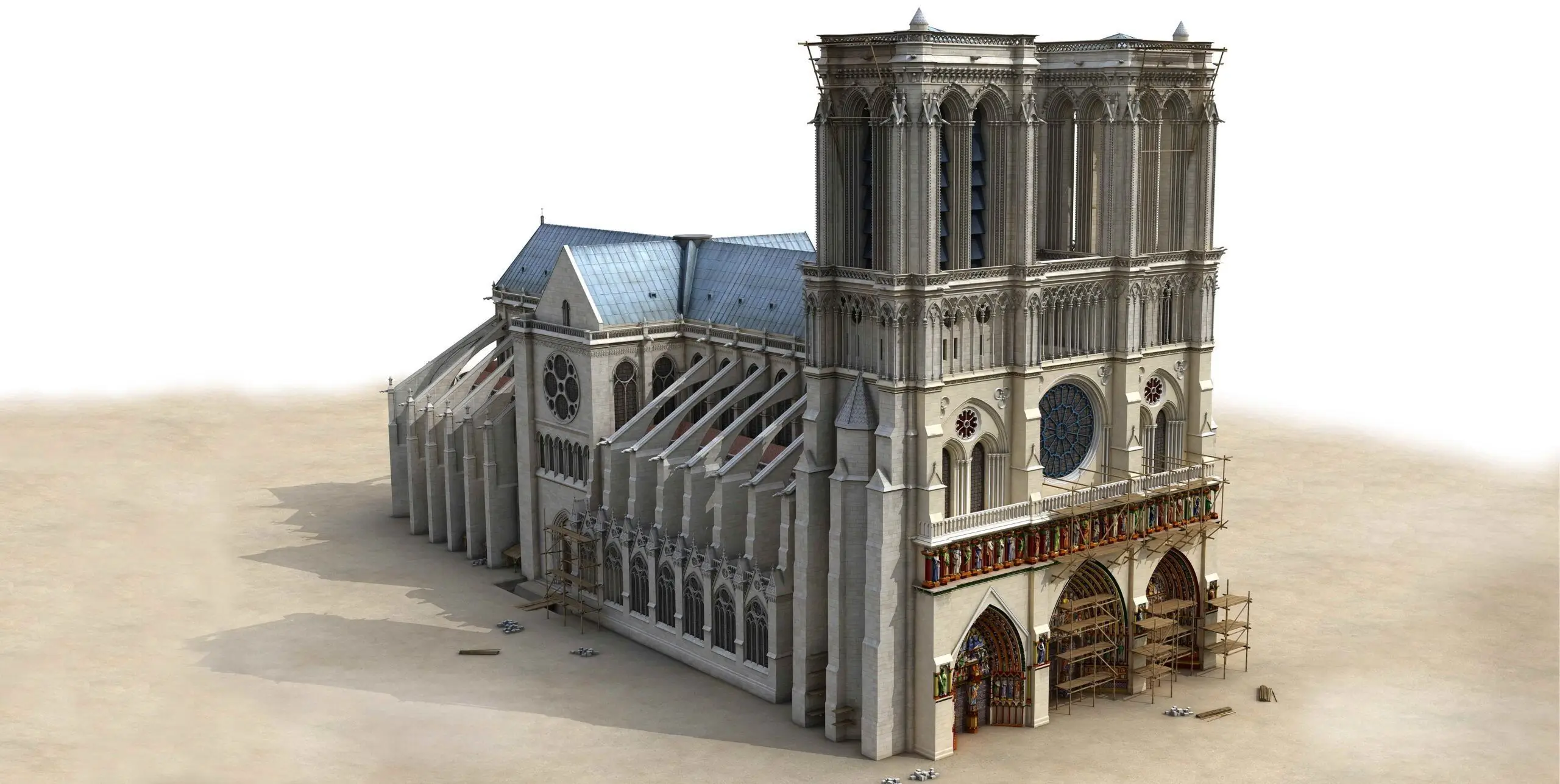 Complete 3D computer-generated perspective rendering of Notre-Dame Cathedral showing the exterior architecture, flying buttresses, and western facade.
