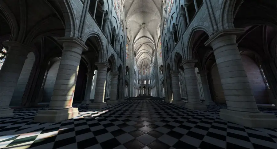 Photorealistic 3D computer-generated view of the vaulted nave and stone columns inside Notre-Dame Cathedral prior to the fire.