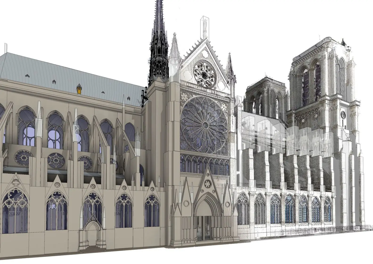 Architectural CAD drawing and point cloud data showing the north facade and structure of Notre-Dame Cathedral for BIM reconstruction.